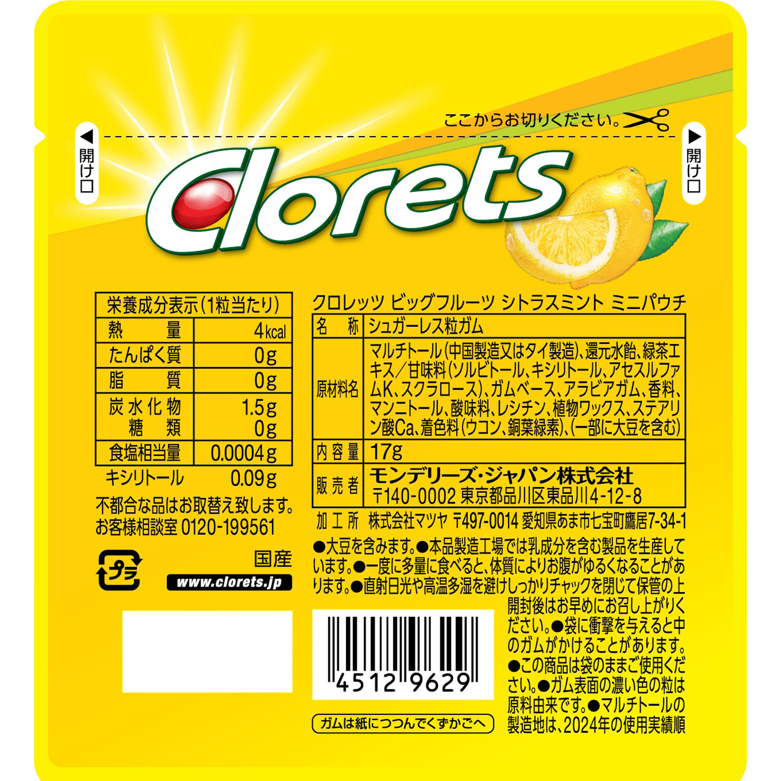 クロレッツ　ビッグフルーツ シトラスミント ミニパウチ １７ｇ モンデリーズ・ジャパン