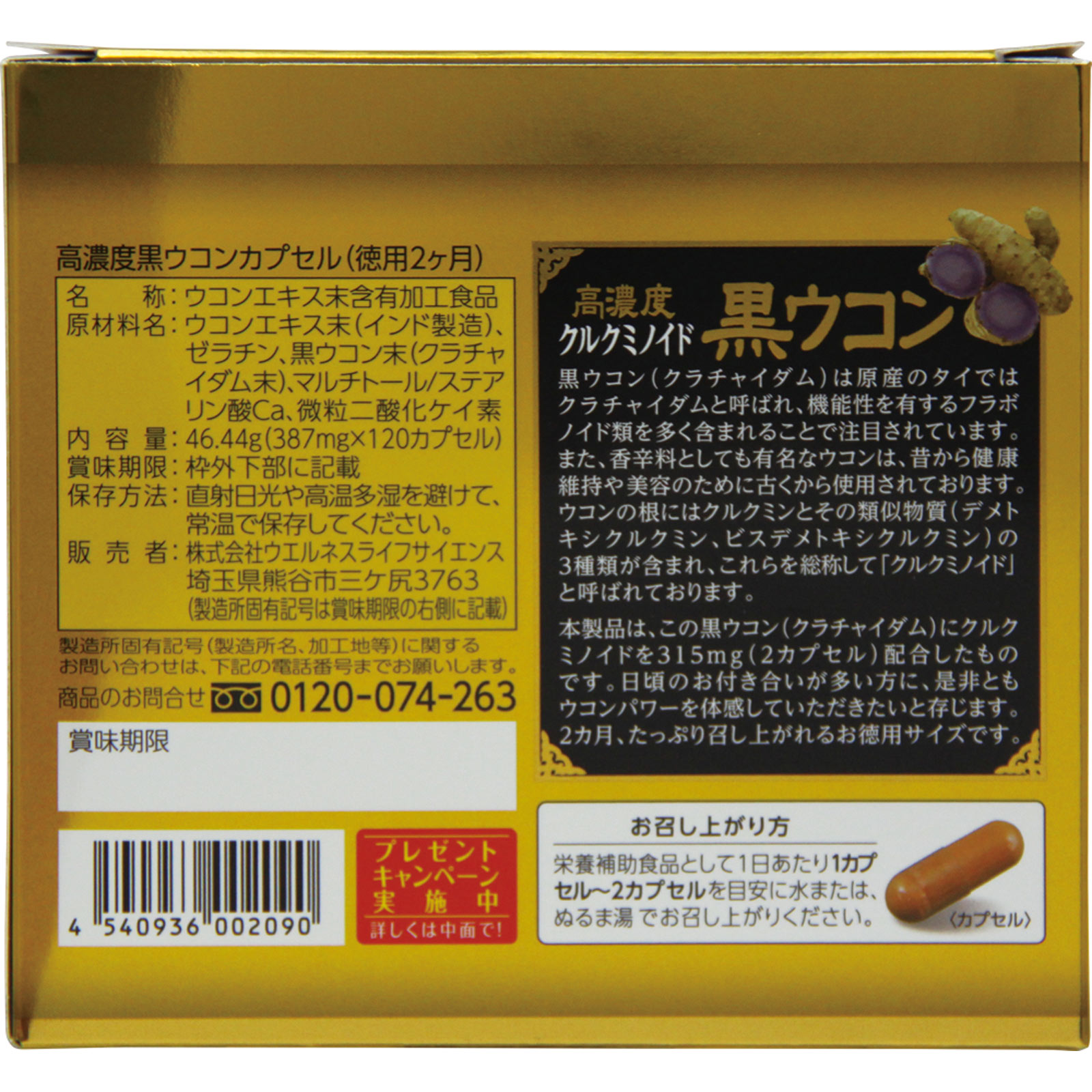 国産 高濃度 黒ウコンカプセル １２０カプセル ウエルネスライフサイエンス