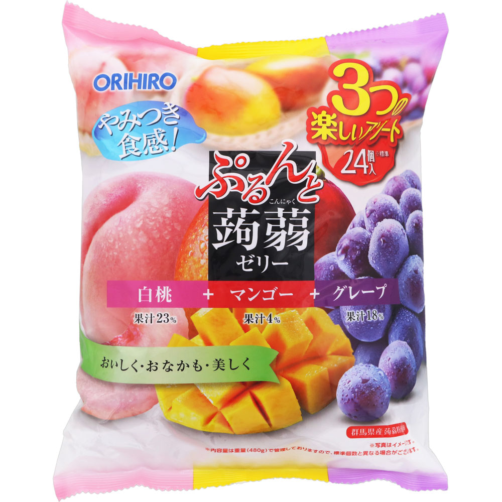 ぷるんと蒟蒻ゼリー白桃＋マンゴ＋グレープ ２０ｇ×２４個 オリヒロプランデュ