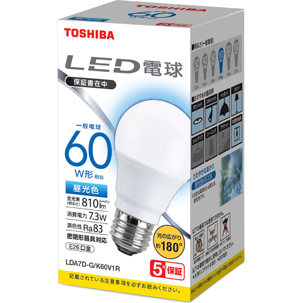 ＬＥＤ電球広配光 ６０Ｗ 昼光色 ＬＤＡ７Ｄ－Ｇ／Ｋ６０Ｖ 東芝ライテック
