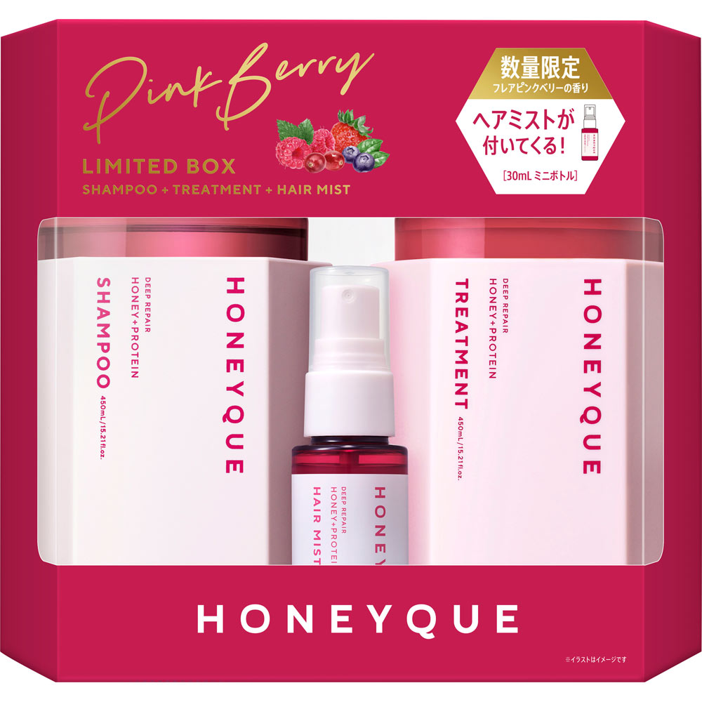 ハニーク　ディープリペア　ミニヘアミスト付き　限定キット　フレアピンクベリーの香り（シャンプー＆トリートメント） ４５０ｍＬ＊２＋３０ｍｌ ボトルワークス（株）