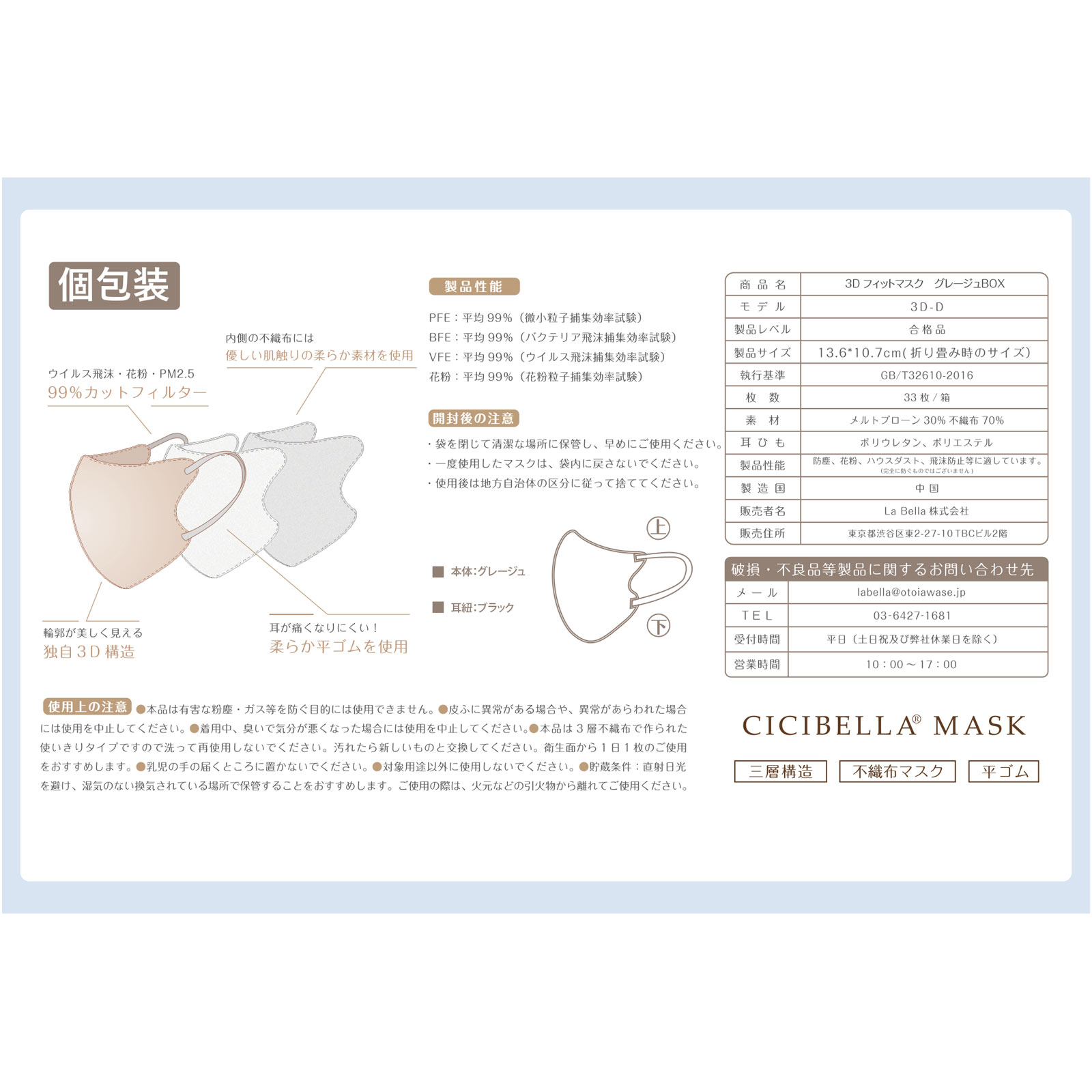 ＭＫ　ＣＩＣＩＢＥＬＬＡ３Ｄマスク　グレージュ ３３枚入 Ｌａ　Ｂｅｌｌａ