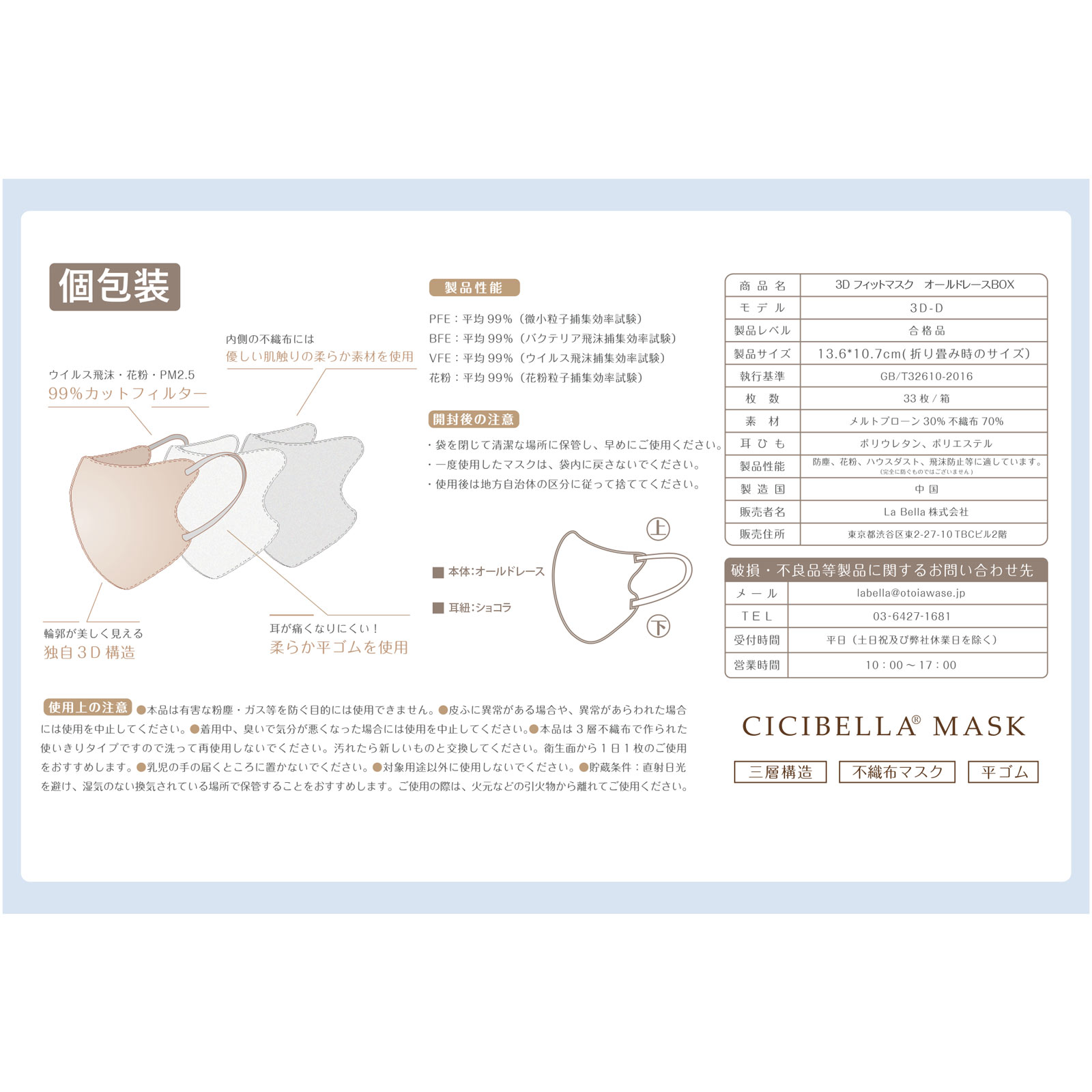ＭＫ　ＣＩＣＩＢＥＬＬＡ３Ｄマスク　オールドレース ３３枚入 Ｌａ　Ｂｅｌｌａ