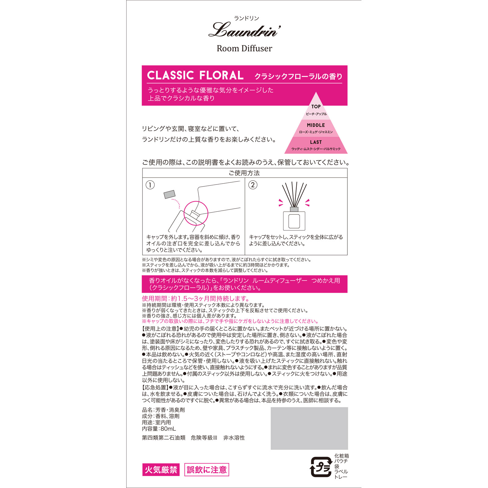 ランドリン　ルームディフューザー　クラシックフローラル ８０ｍｌ ネイチャーラボ