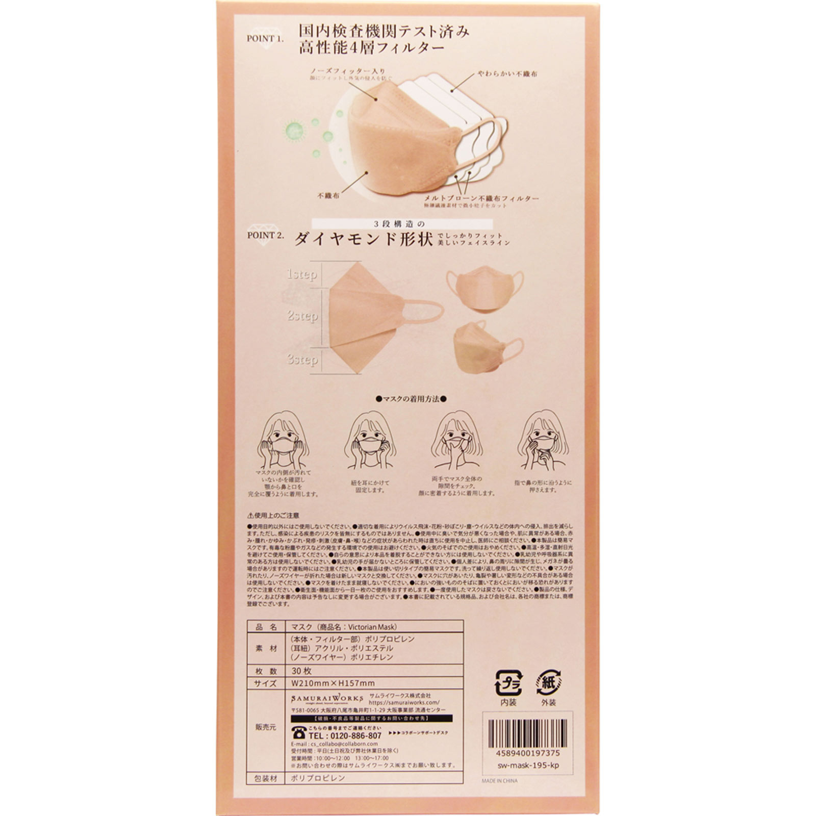 ヴィクトリアンマスクＢＯＸアプリコットピンク ３０枚入