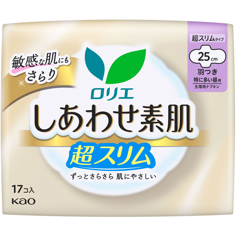 ロリエ しあわせ素肌 通気超スリム 特に多い昼用25cm 羽つき 17コ 花王 (医薬部外品)