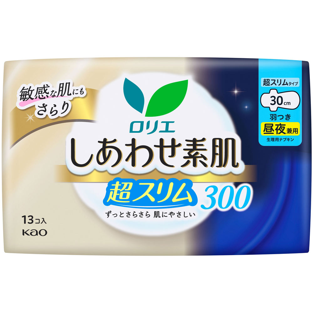 ロリエ しあわせ素肌 通気超スリム 昼夜兼用３０ｃｍ 羽つき １３コ 花王 (医薬部外品)