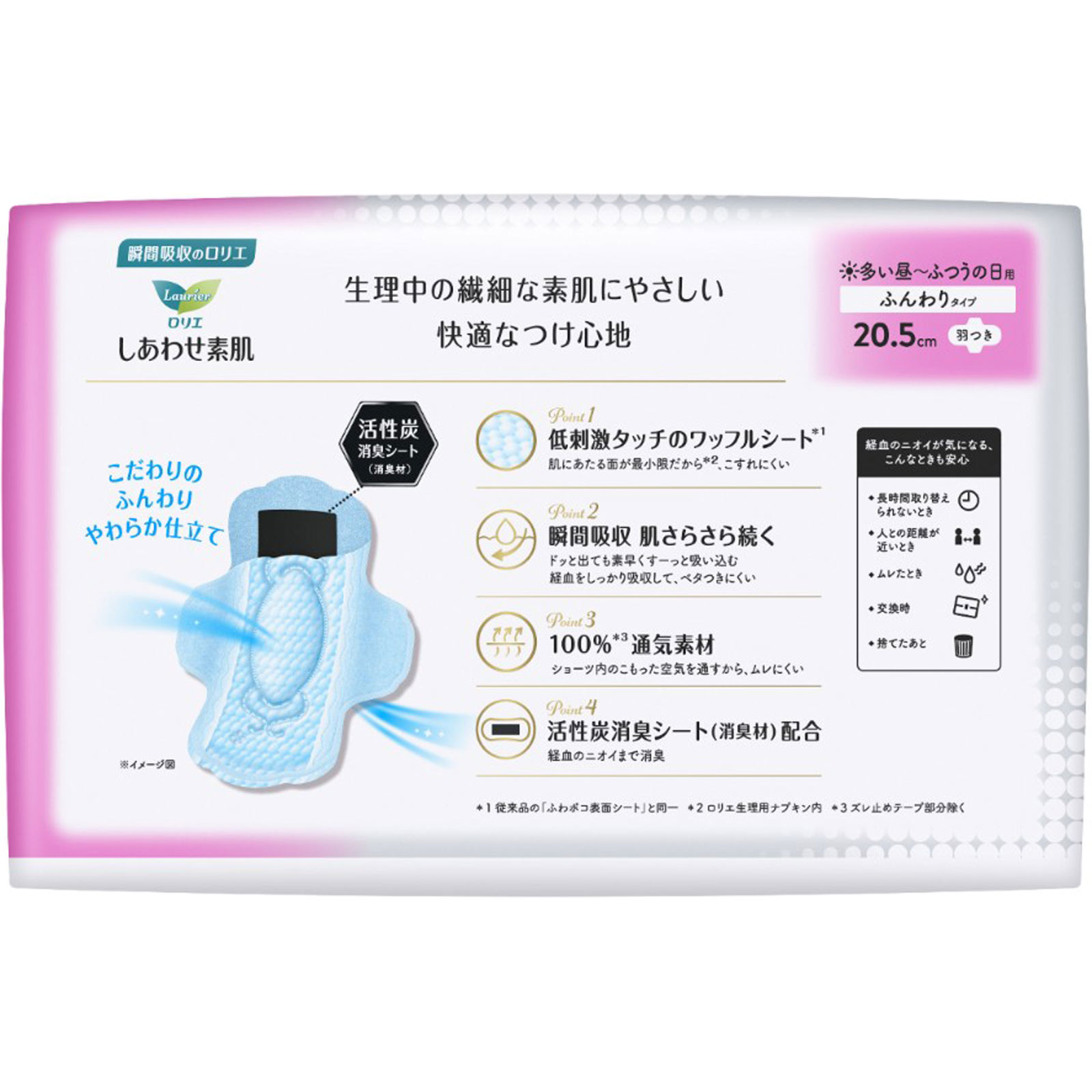 ロリエ しあわせ素肌 消臭プラス 多い昼～ふつうの日用２０．５ｃｍ 羽つき ２２コ 花王 (医薬部外品)
