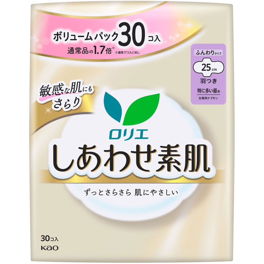 ロリエ しあわせ素肌 ボリュームパック 特に多い昼用２５ｃｍ 羽つき ３０コ 花王 (医薬部外品)