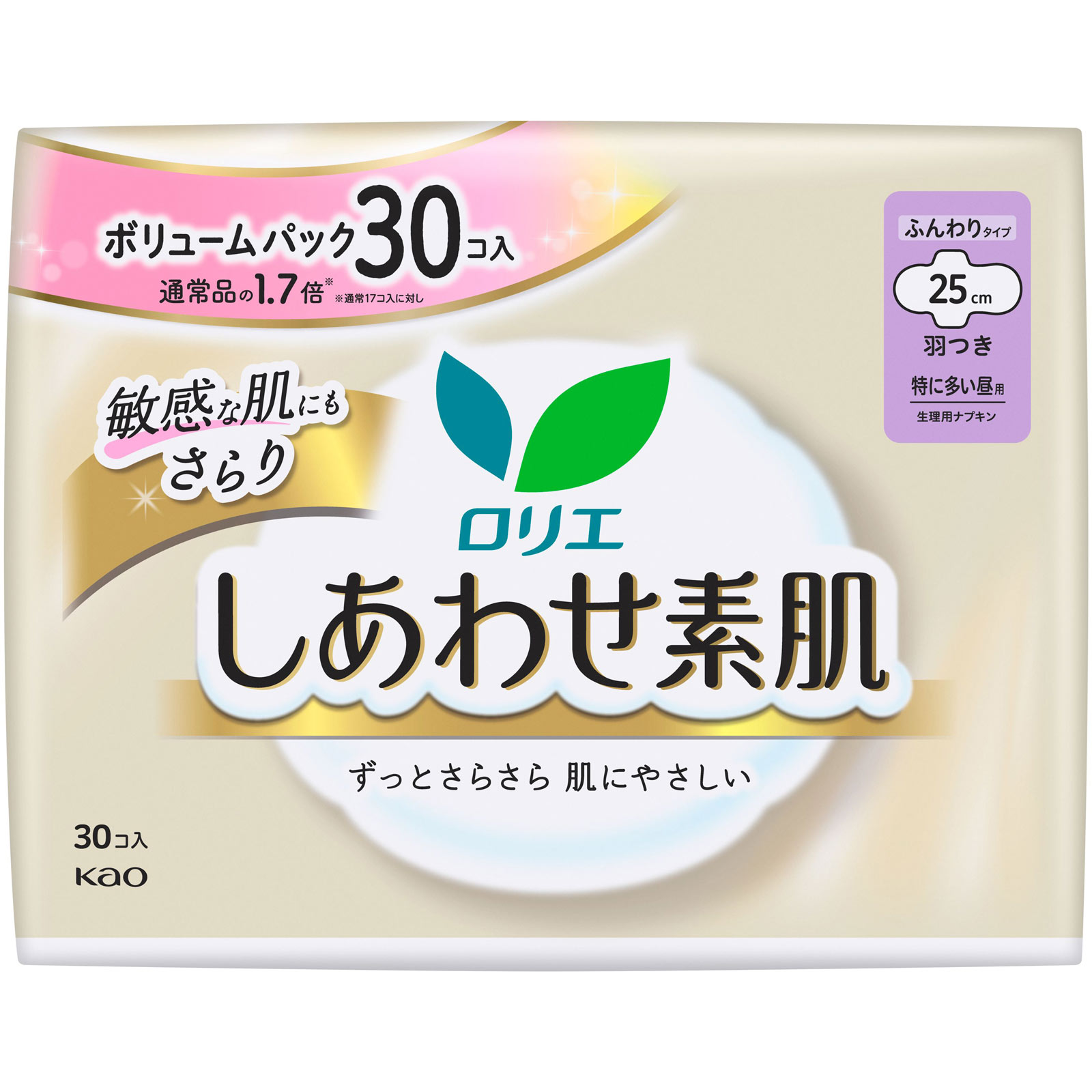 ロリエ しあわせ素肌 ボリュームパック 特に多い昼用25cm 羽つき 30コ 花王 (医薬部外品)