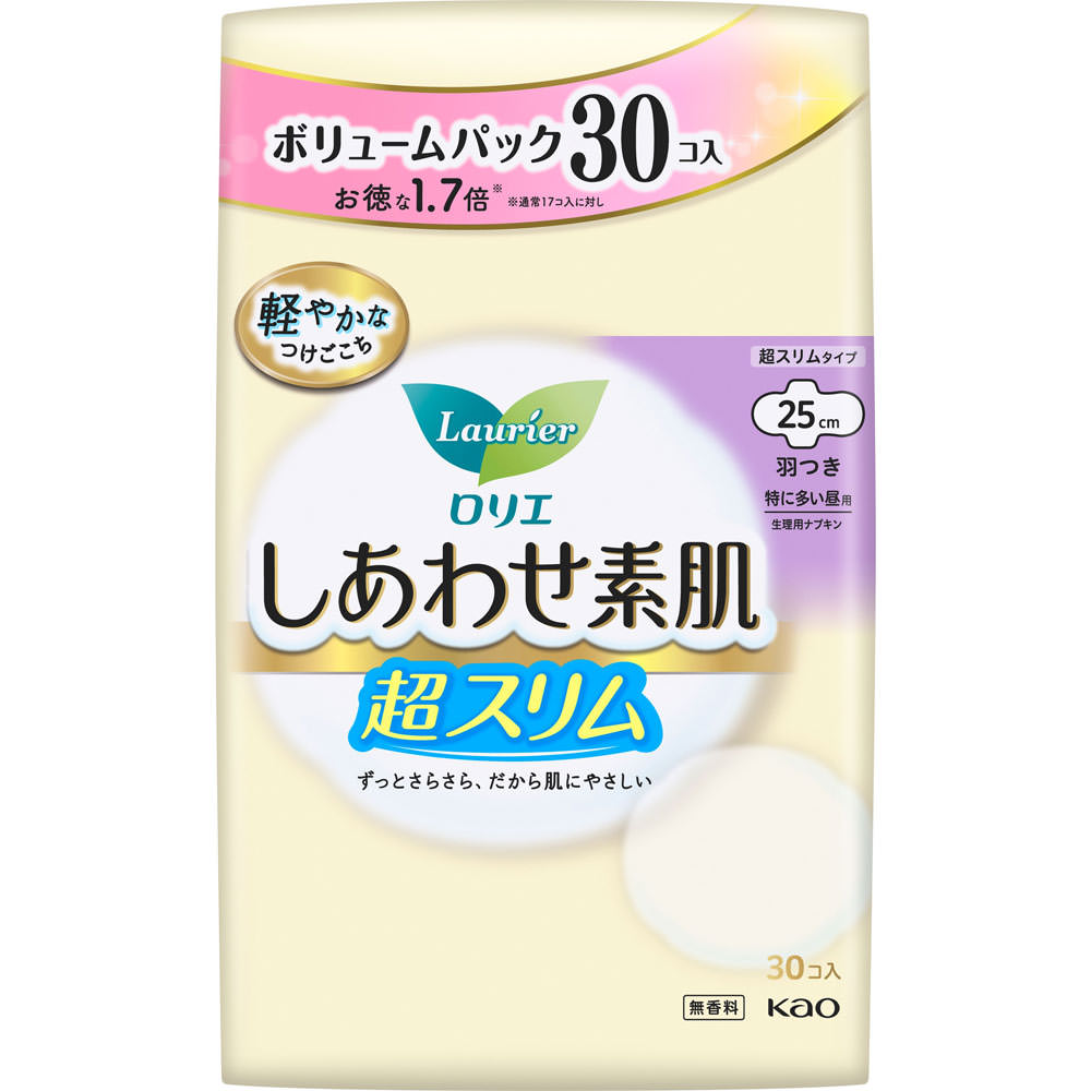 ロリエ しあわせ素肌 ボリュームパック 通気超スリム 特に多い昼用２５ｃｍ 羽つき ３０コ 花王 (医薬部外品)
