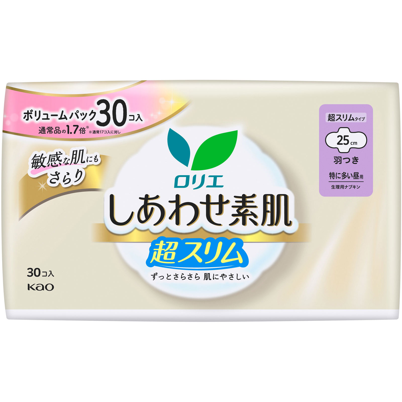 ロリエ しあわせ素肌 ボリュームパック 通気超スリム 特に多い昼用25cm 羽つき 30コ 花王 (医薬部外品)