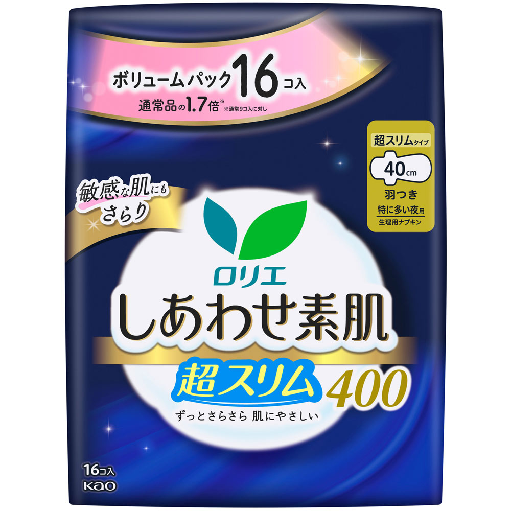 ロリエ　しあわせ素肌　ボリュームパック　超スリム　特に多い夜用４０ｃｍ　羽つき １６コ 花王 (医薬部外品)