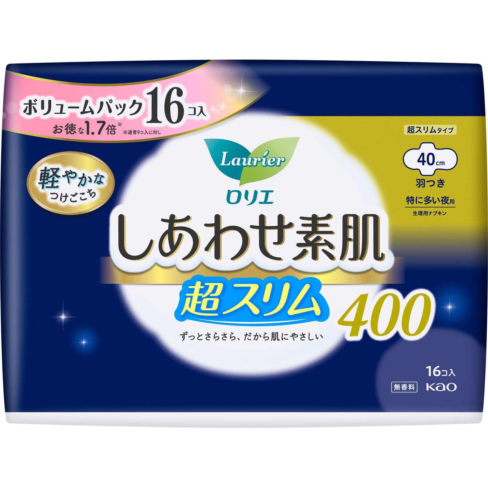 ロリエ　しあわせ素肌　ボリュームパック　超スリム　特に多い夜用４０ｃｍ　羽つき １６コ 花王 (医薬部外品)