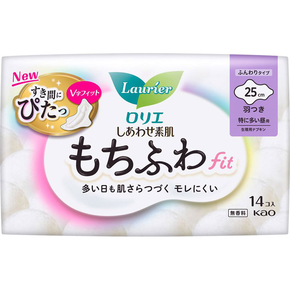 ロリエ　しあわせ素肌　もちふわｆｉｔ　特に多い昼用２５ｃｍ　羽つき １４コ 花王 (医薬部外品)