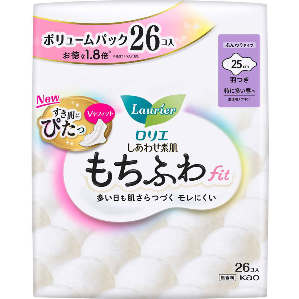 ロリエ　しあわせ素肌　もちふわｆｉｔ　特に多い昼用２５ｃｍ　羽つき ２６コ 花王 (医薬部外品)