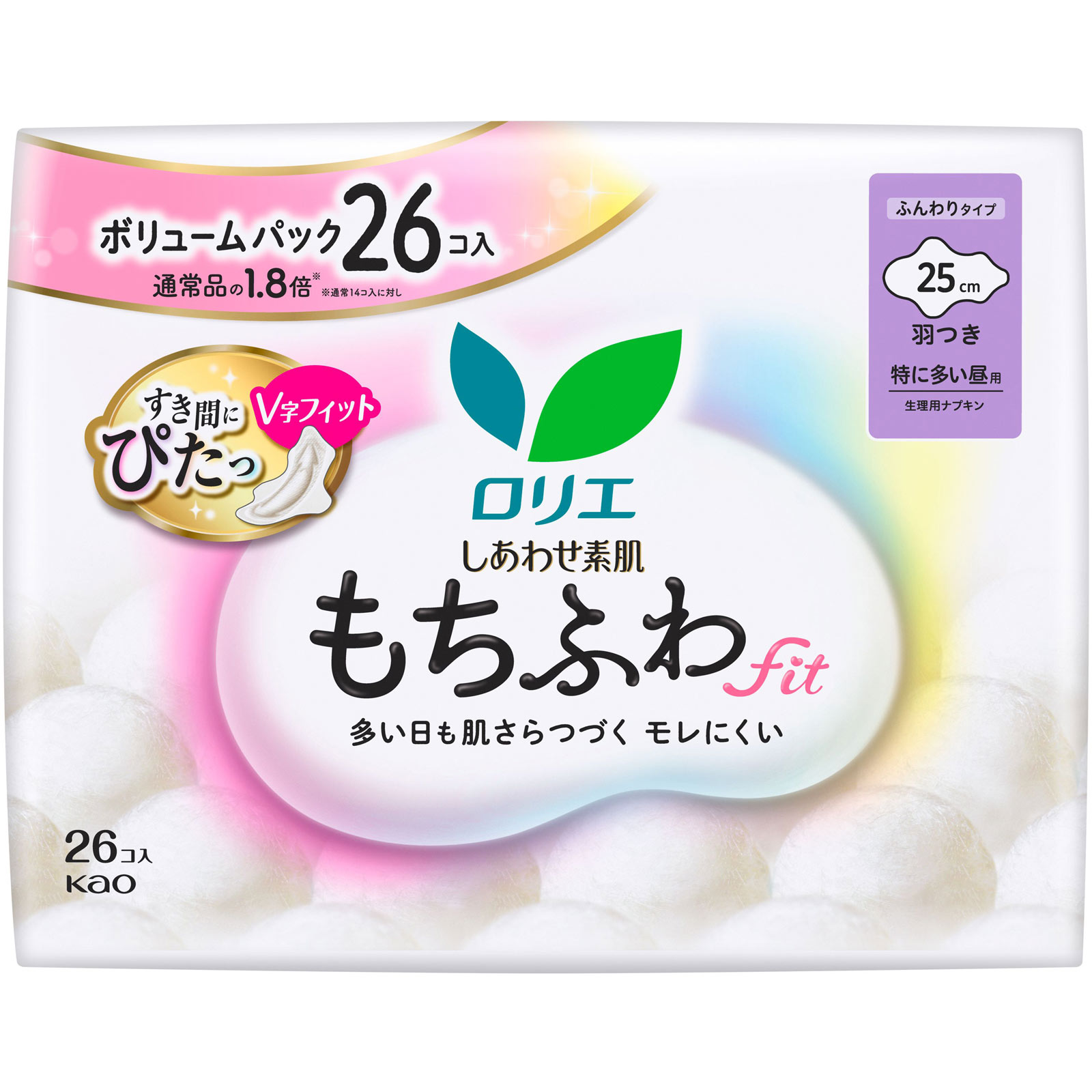 ロリエ　しあわせ素肌　もちふわｆｉｔ　特に多い昼用２５ｃｍ　羽つき ２６コ 花王 (医薬部外品)
