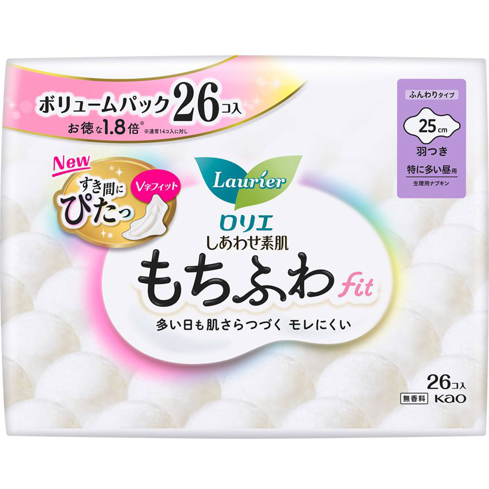 ロリエ　しあわせ素肌　もちふわｆｉｔ　特に多い昼用２５ｃｍ　羽つき ２６コ 花王 (医薬部外品)