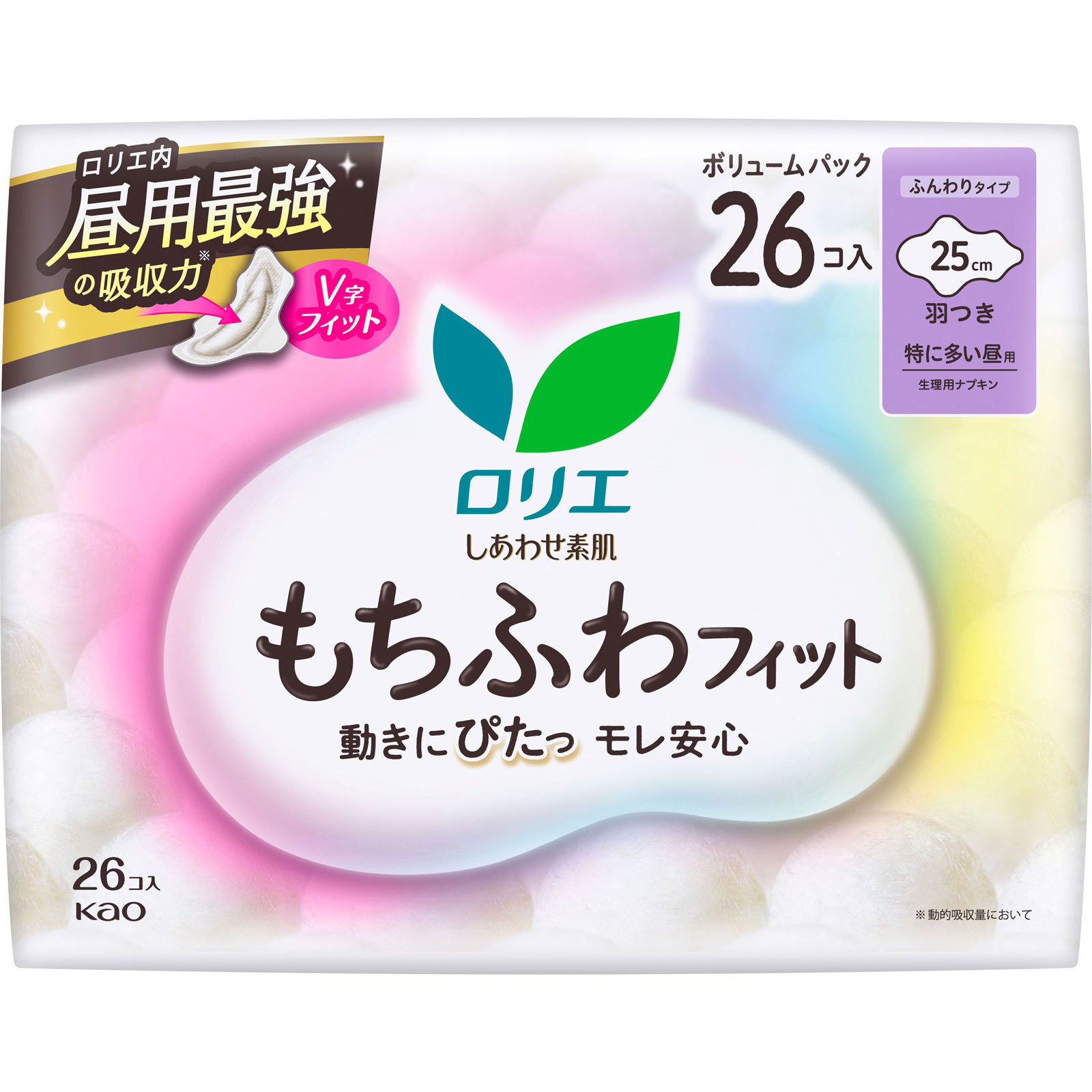 ロリエ　しあわせ素肌　もちふわｆｉｔ　特に多い昼用２５ｃｍ　羽つき ２６コ 花王 (医薬部外品)