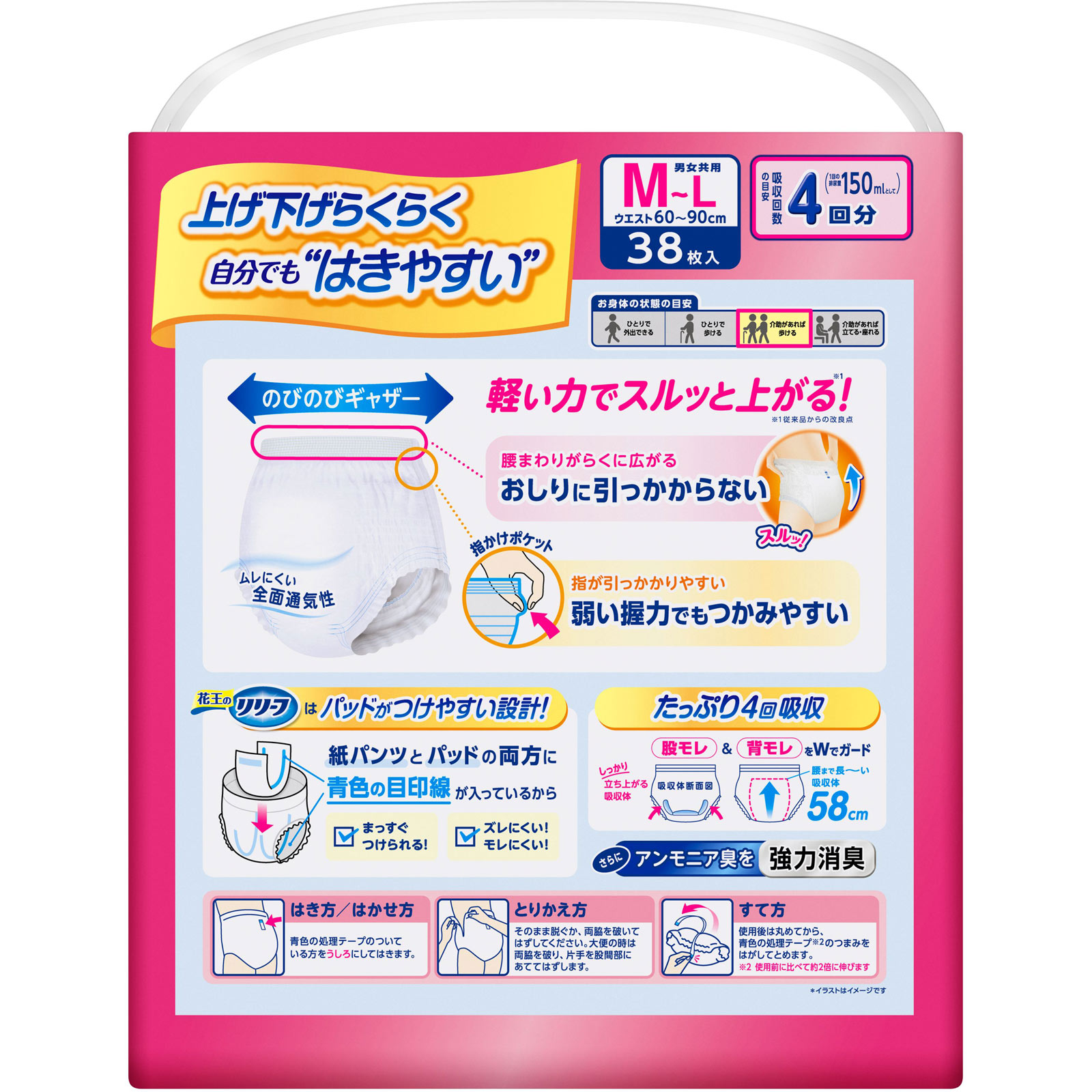 リリーフ パンツタイプ 上げ下げらくらくうす型パンツ 4回分 M-L 38枚 花王