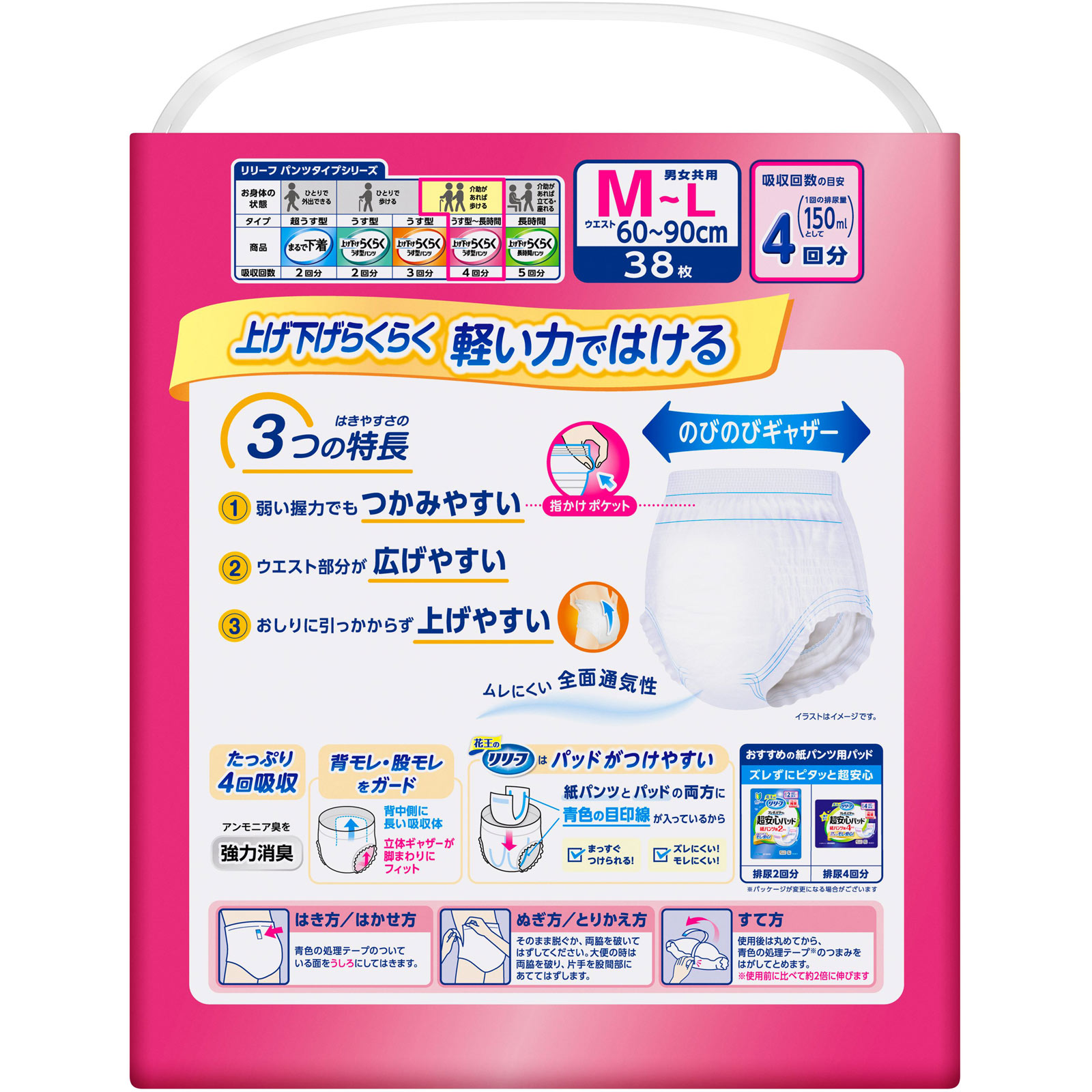 リリーフ パンツタイプ 上げ下げらくらくうす型パンツ 4回分 M-L 38枚 花王