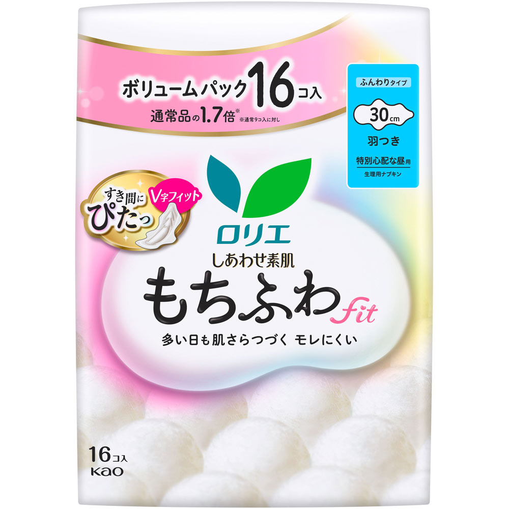 ロリエ　しあわせ素肌　もちふわｆｉｔ　ボリュームパック　特別心配な昼用３０ｃｍ　羽つき １６コ 花王 (医薬部外品)