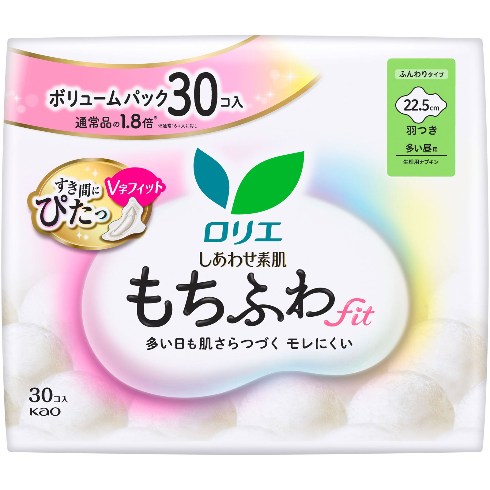 ロリエ　しあわせ素肌　もちふわｆｉｔ　多い昼用２２．５ｃｍ　羽つき　１６個 ３０コ 花王 (医薬部外品)