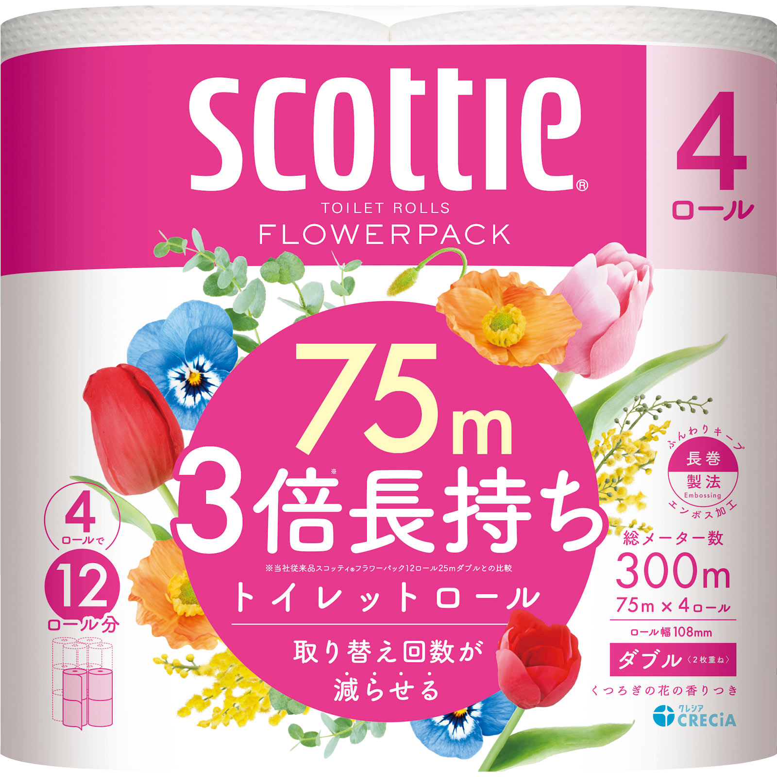 スコッティ フラワーパック 3倍長持ち（ダブル） ７５ｍ 日本製紙クレシア