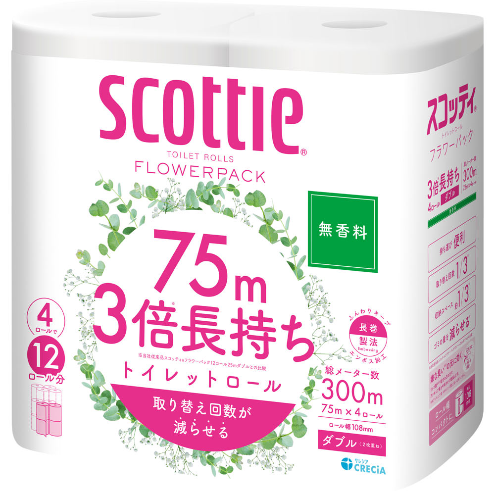 スコッティフラワーパック３倍長持ち４Ｒ ダブル 無香 ７５ｍ 日本製紙クレシア
