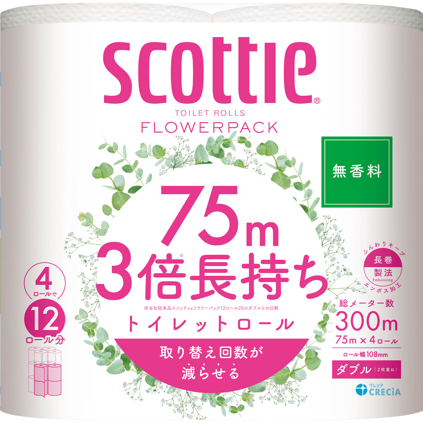 スコッティフラワーパック３倍長持ち４Ｒ ダブル 無香 ７５ｍ 日本製紙クレシア