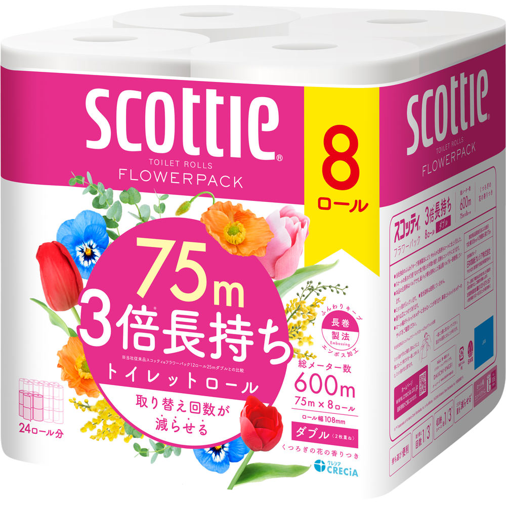 スコッティ フラワー３倍長持ち ダブル ７５ｍ８Ｒ 日本製紙クレシア