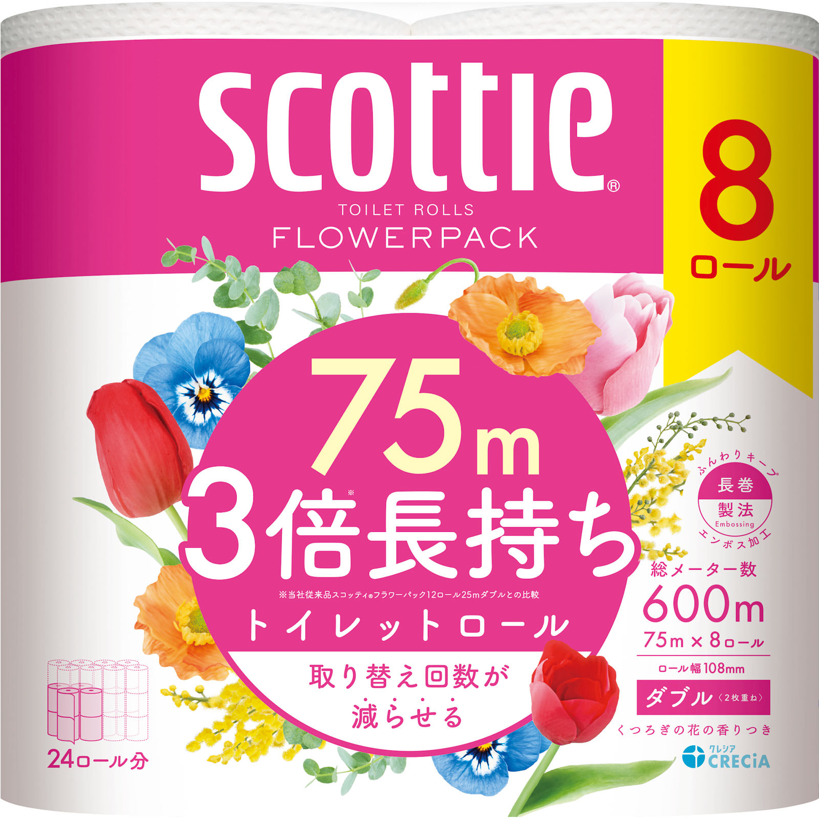 スコッティ フラワー３倍長持ち ダブル ７５ｍ８Ｒ 日本製紙クレシア