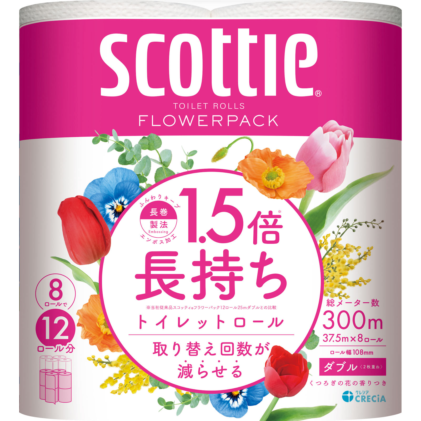 スコッティフラワーパック１．５倍長持ち８ロール ダブル ３７．５ｍ 日本製紙クレシア