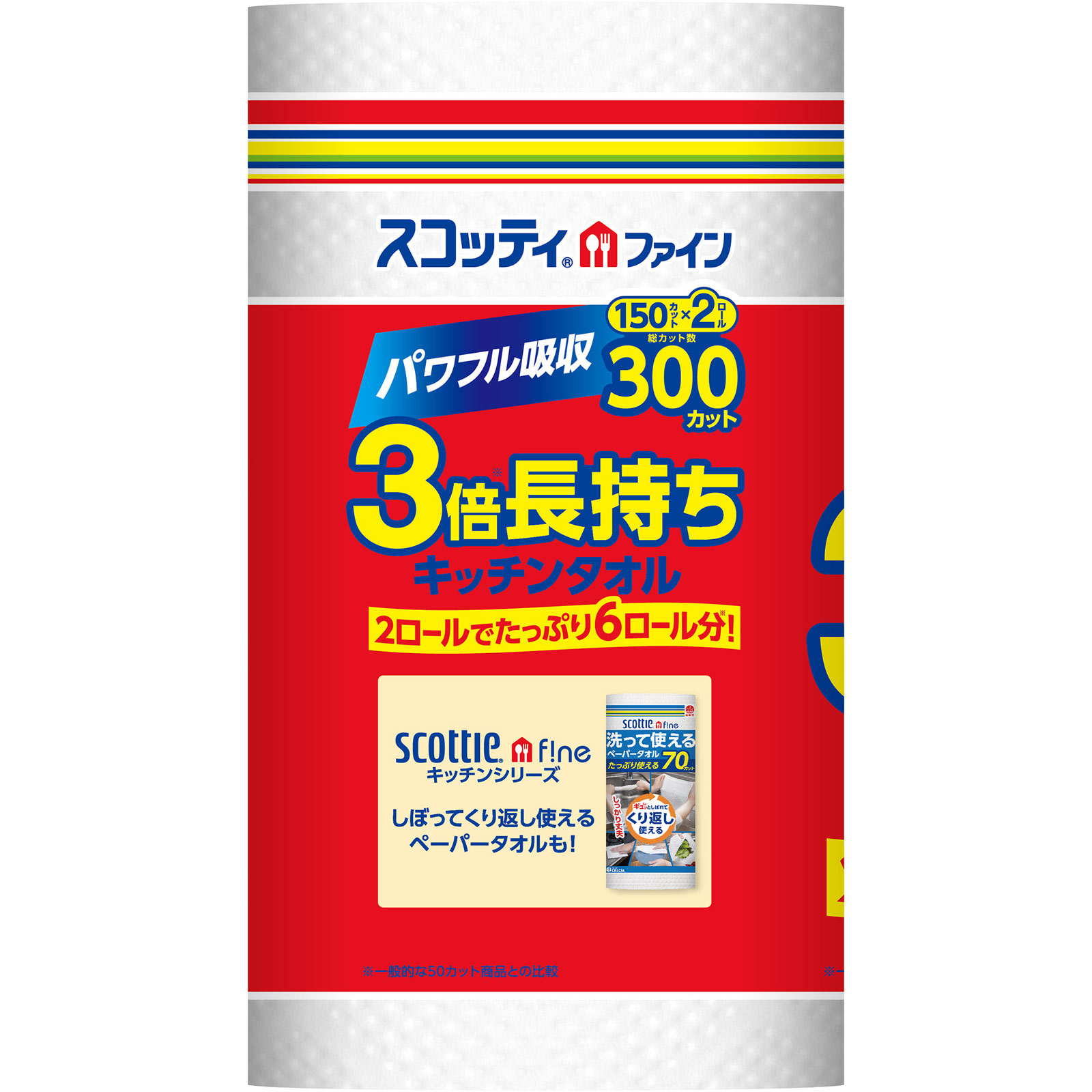 スコッティ ファイン 3倍巻キッチンタオル 2ロール １５０カット×２ロール 日本製紙クレシア