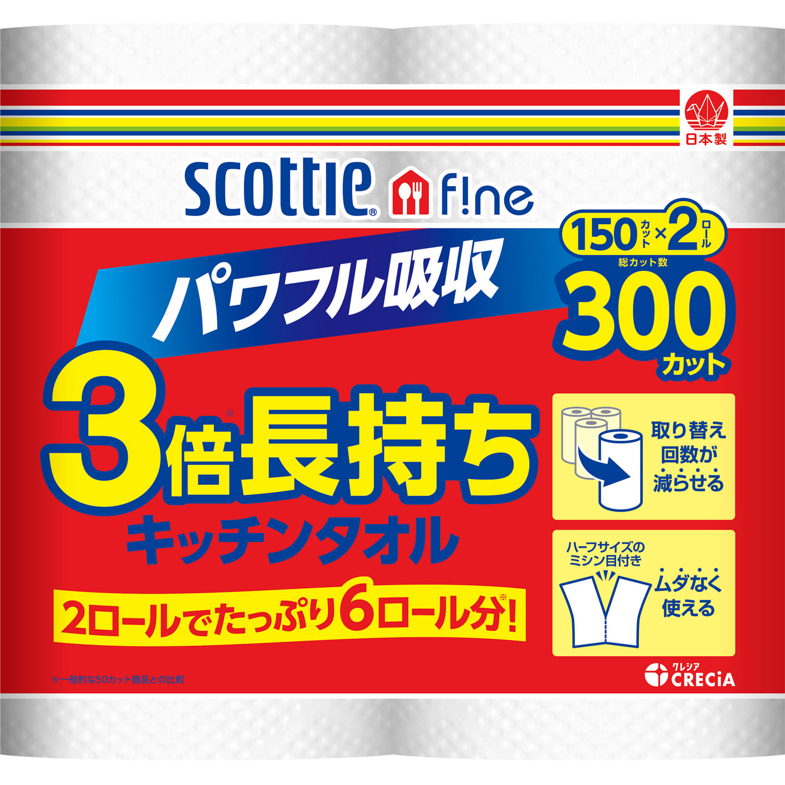 スコッティ ファイン 3倍巻キッチンタオル 2ロール １５０カット×２ロール 日本製紙クレシア