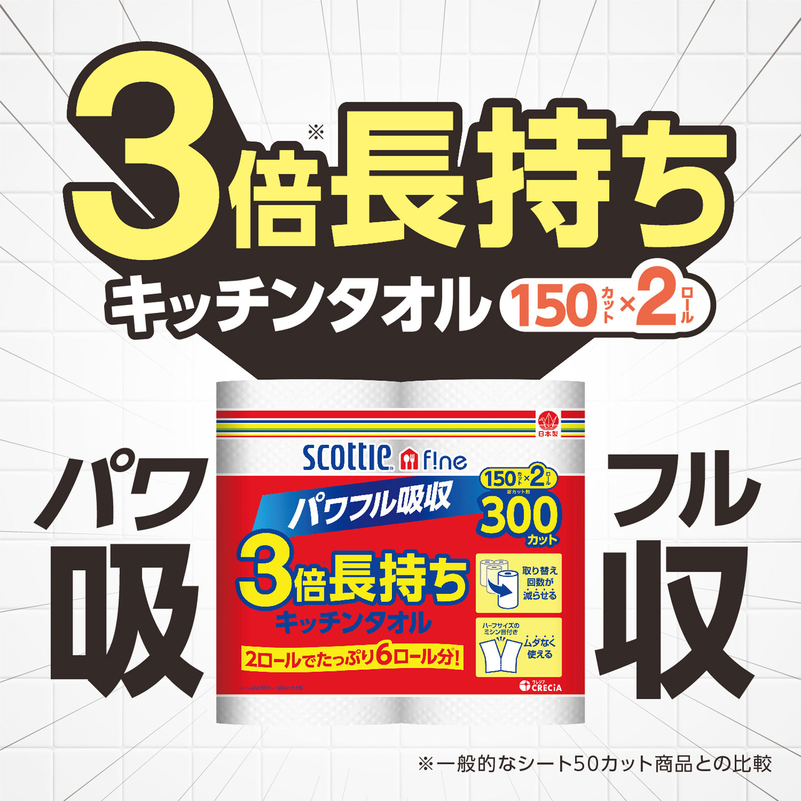 スコッティ ファイン 3倍巻キッチンタオル 2ロール １５０カット×２ロール 日本製紙クレシア