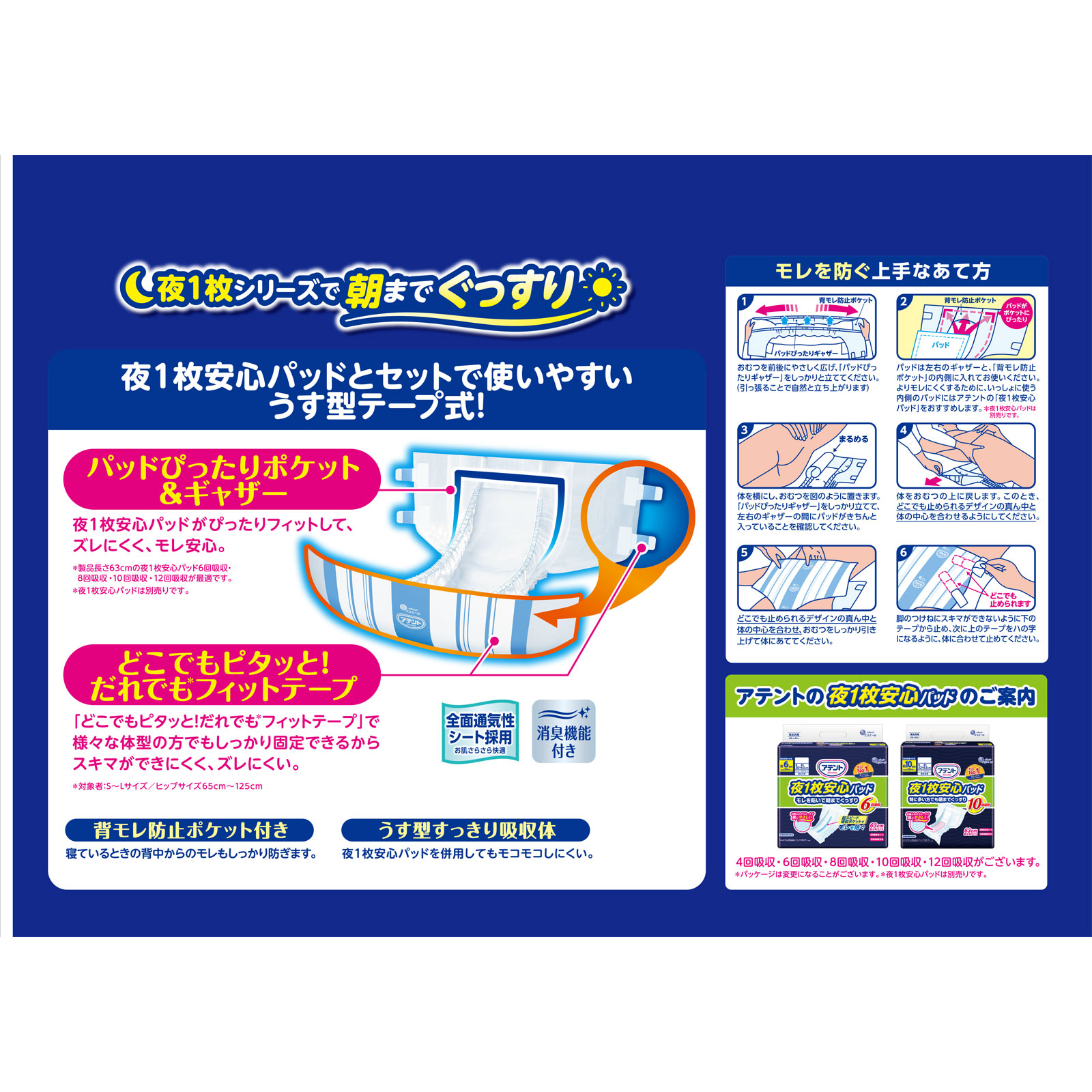 アテント夜１枚安心パッドのためのうす型テープＳ～Ｌ ２２枚 大王製紙