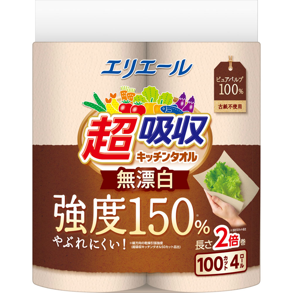 エリエール 超吸収キッチンタオル 無漂白 ４Ｒ１００カット 大王製紙