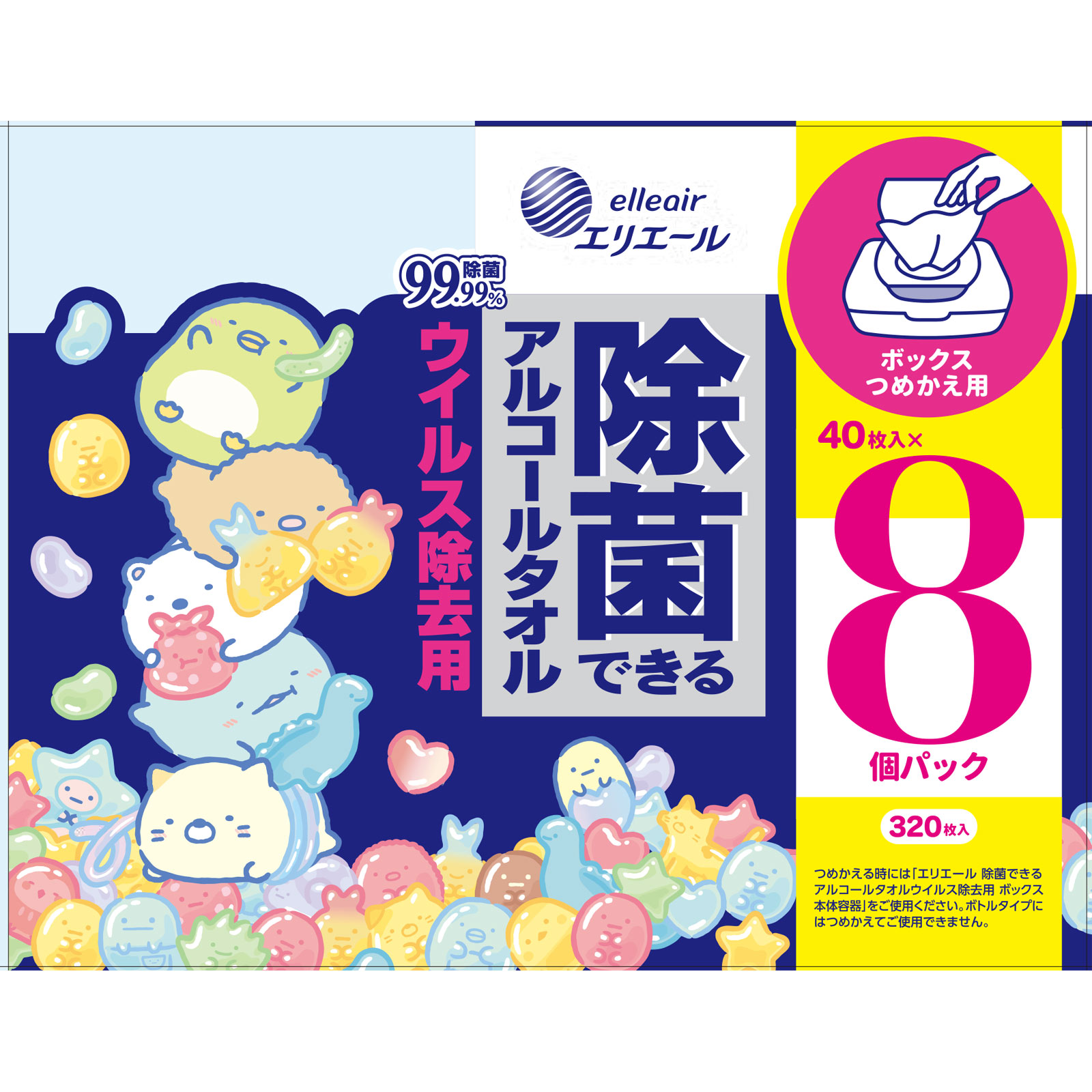 エリエール除菌できるアルコールタオル ウイルス除去用 ボックスつめかえ用 すみっコぐらし企画品 40枚x8P【替え】 大王製紙