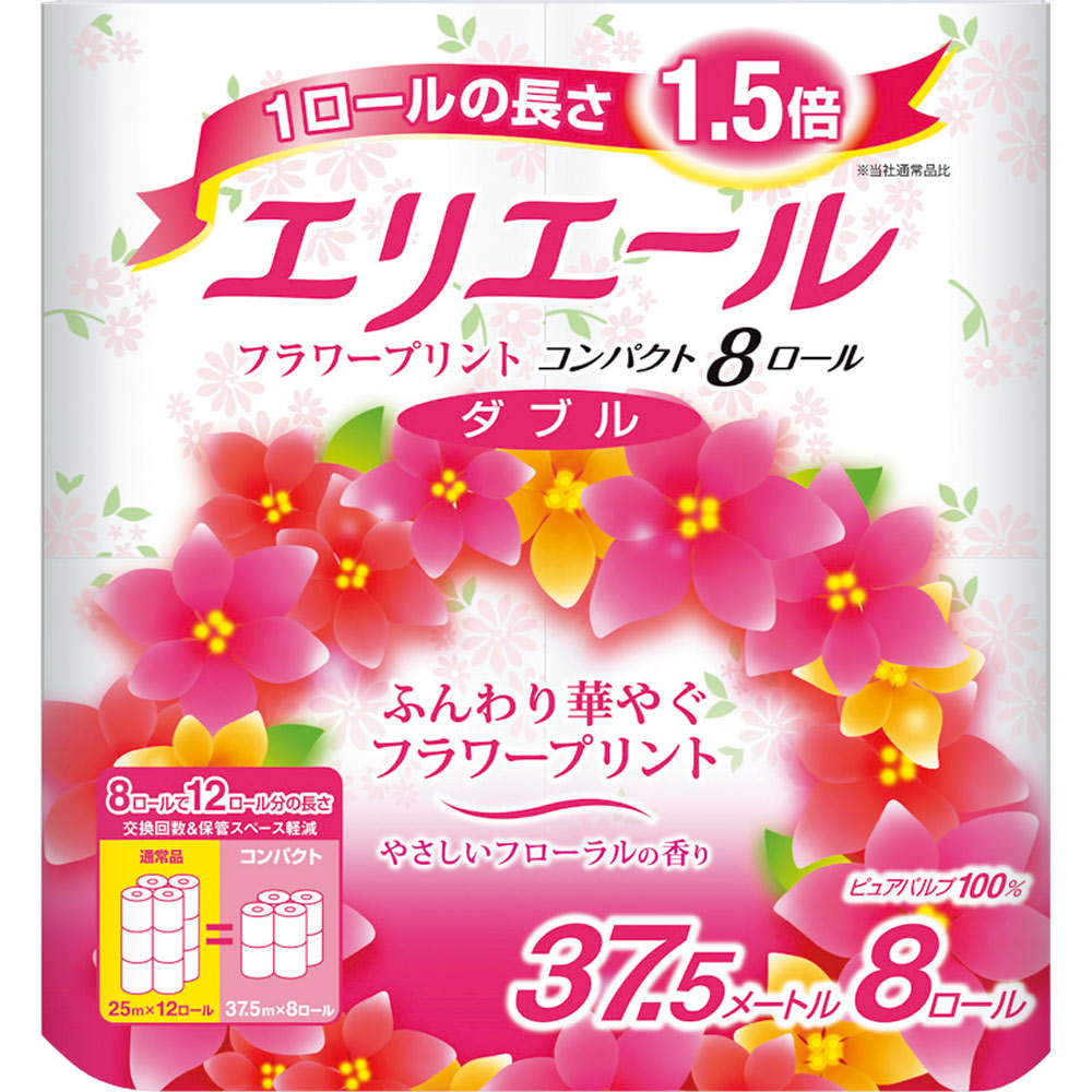エリエールトイレットティッシューフラワープリントコンパクトＷ ３７．５ｍ８Ｒ 大王製紙