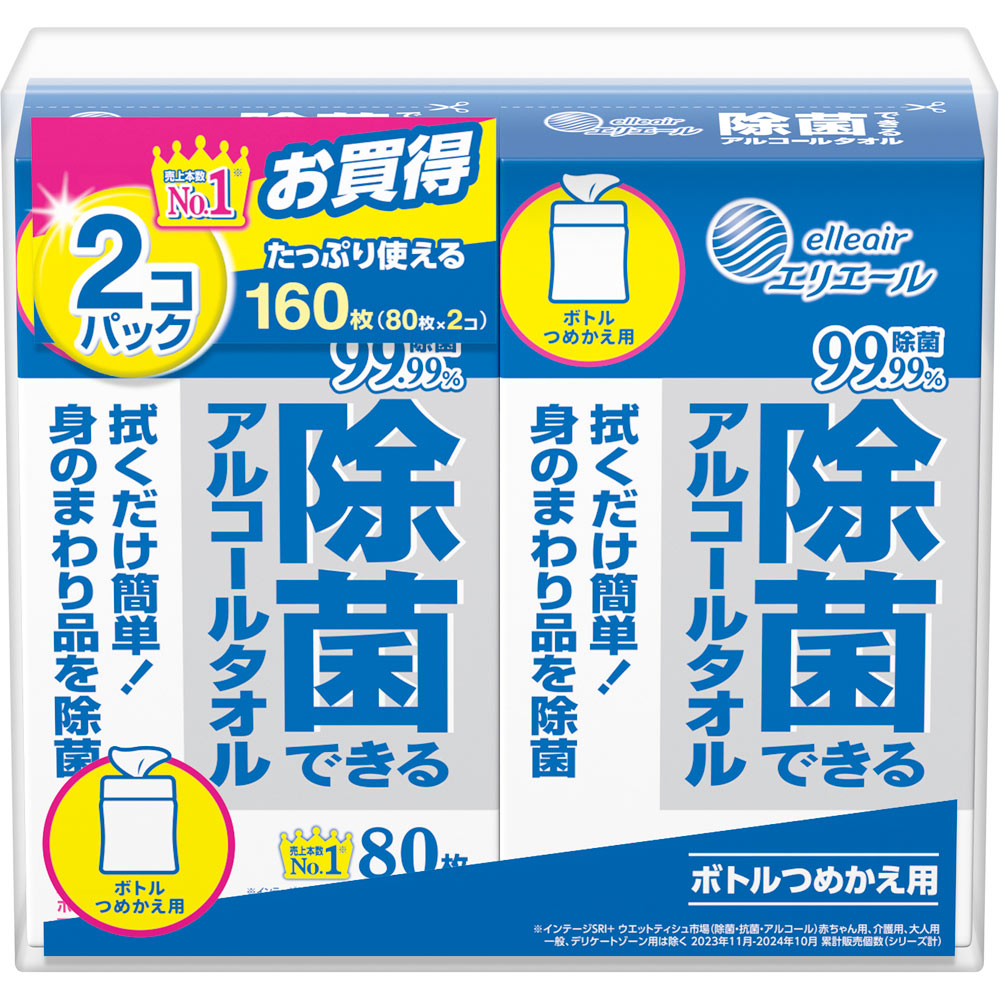 エリエール　除菌できるアルコール　ボトル詰替 ８０枚ｘ２Ｐ【ボトル替】 大王製紙