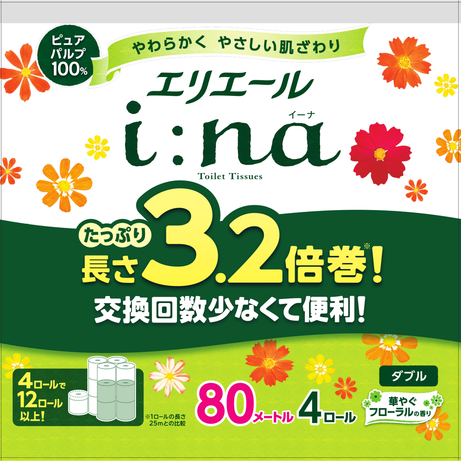 エリエール イーナトイレットダブル 3.2倍巻き 80m4R 大王製紙