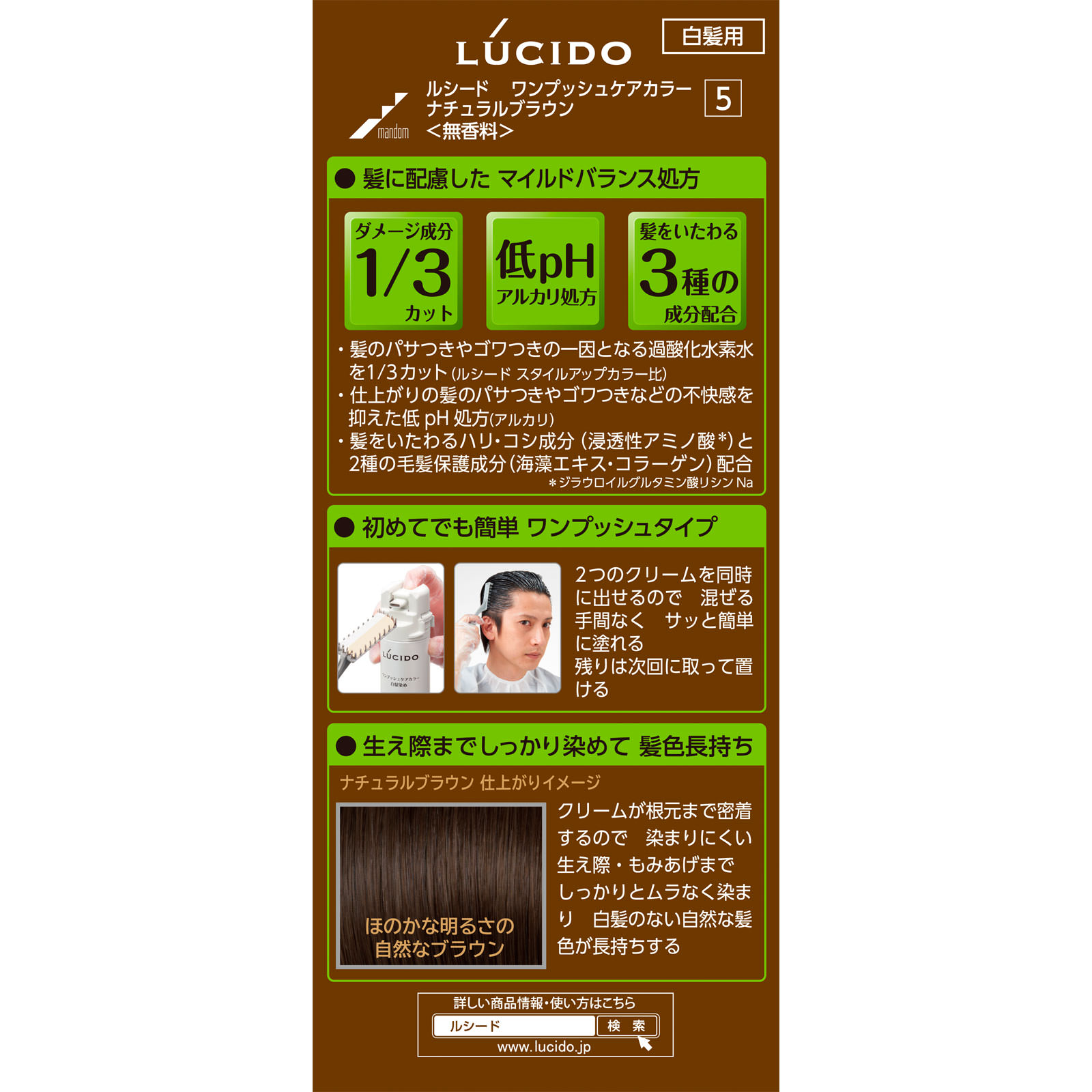 ルシード ワンプッシュケアカラー 5 ナチュラルブラウン １剤５０ｇ・２剤５０ｇ マンダム (医薬部外品)