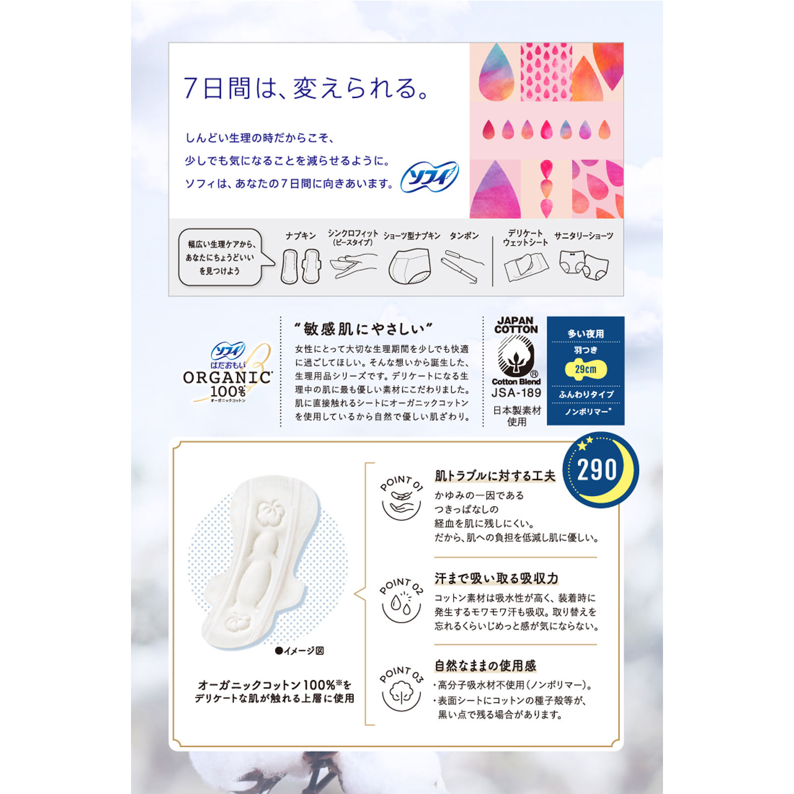 ソフィ　はだおもい　オ－ガニックコットン　多い夜用羽つき２９０ １６枚 ユニ・チャーム (医薬部外品)