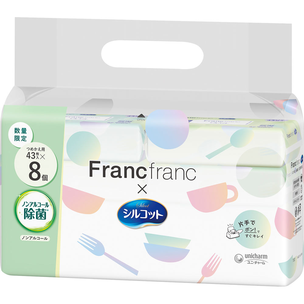 シルコットウェット　ノンアルコール除菌詰替え４３枚×８個　Ｆｒａｎｃｆｒａｎｃ企画 ４３枚×８ ユニ・チャーム