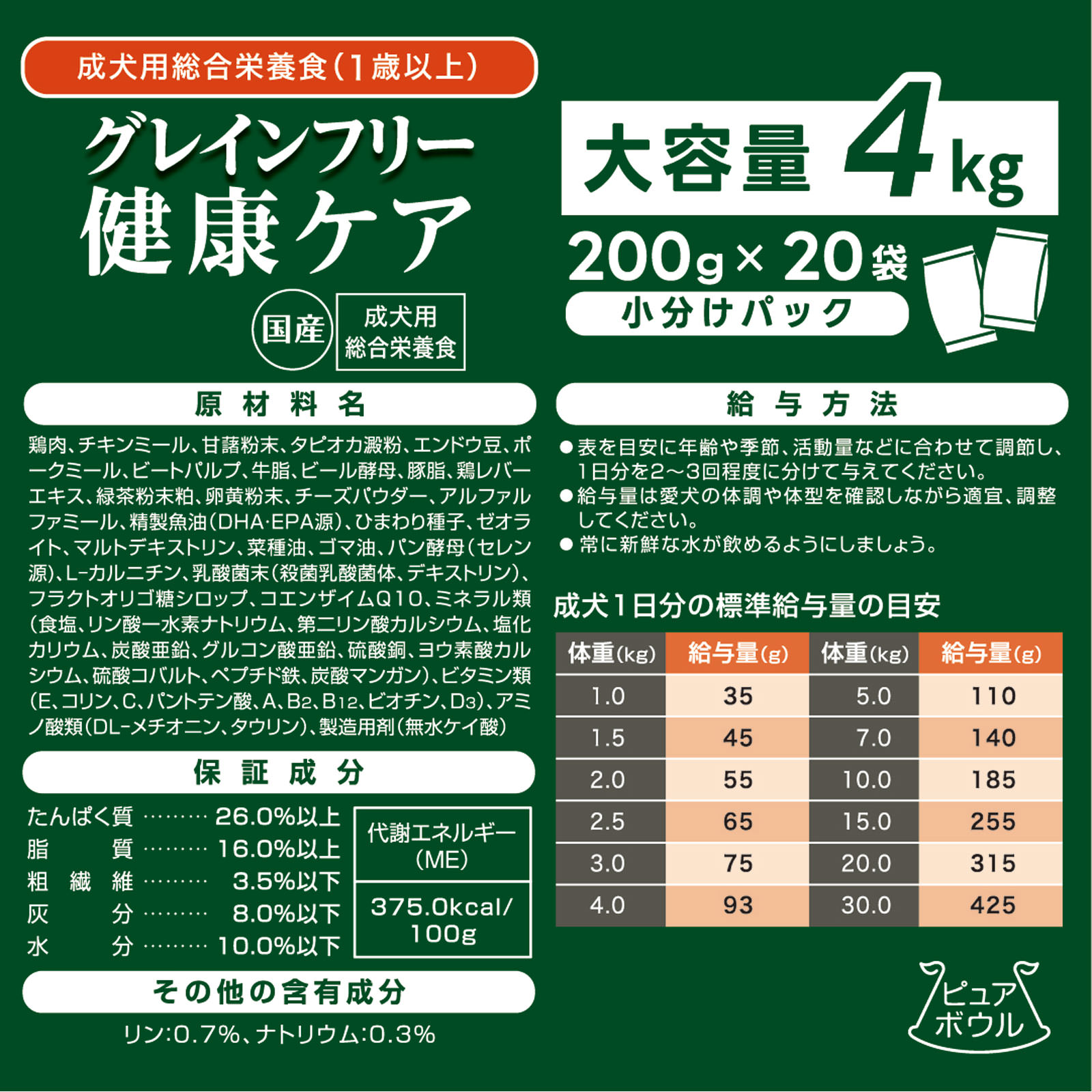 ピュアボウル　グレインフリー　１歳成犬用　大容量 ４ｋｇ（２００ｇ×２０） ペットライブラリー