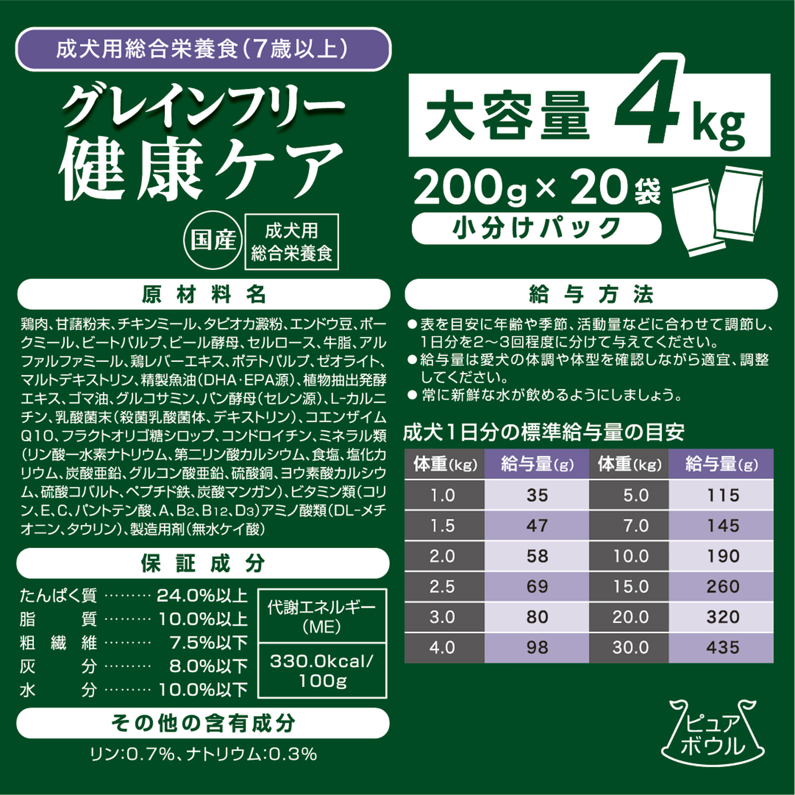 ピュアボウル グレインフリー 7歳成犬用 大容量 4kg(200g×20) ペットライブラリー