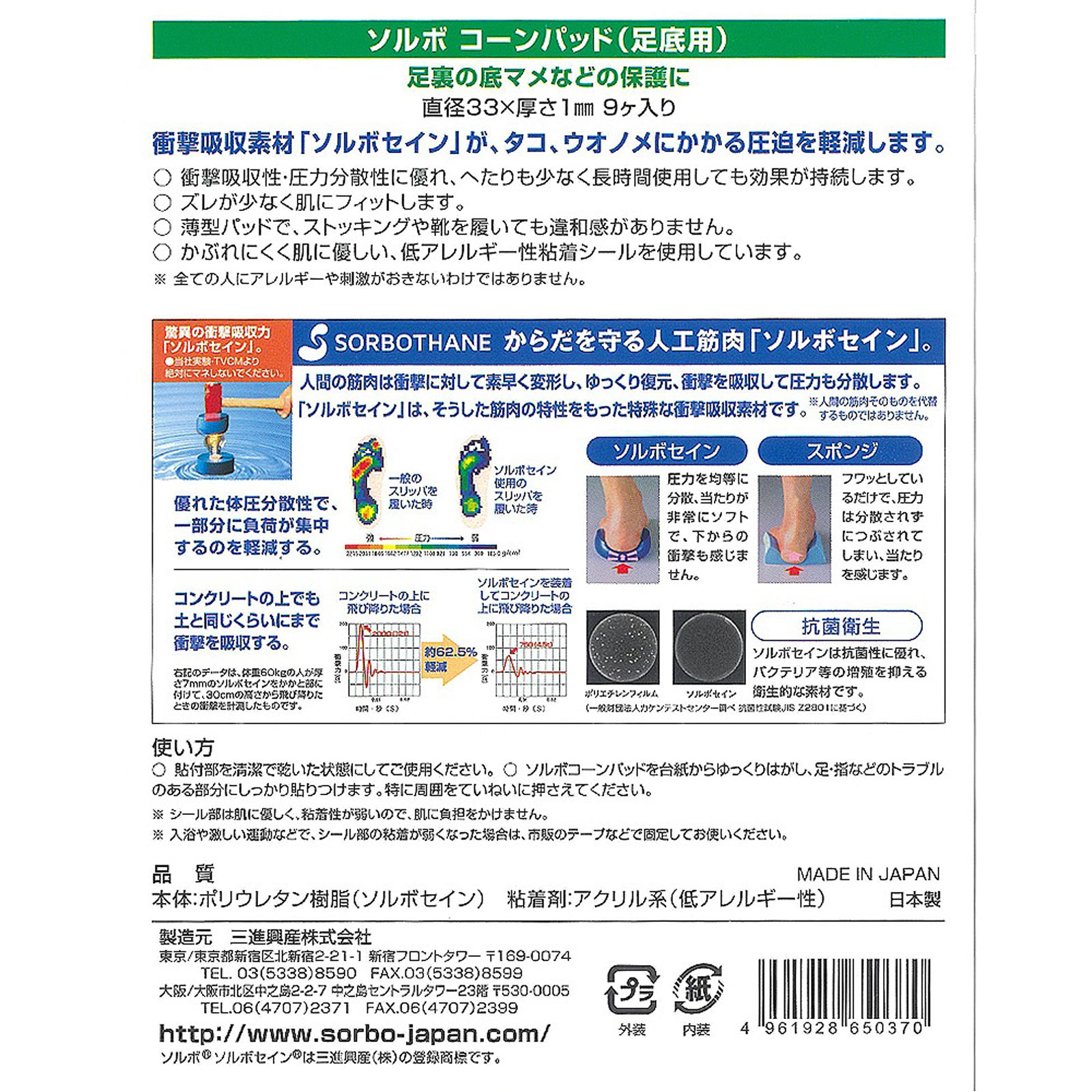 ソルボ コーンパッド オフホワイト ９ヶ入 足底用 三進興産