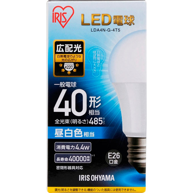 ＬＥＤ電球 Ｅ２６ 広配光 ４０形相当 昼白色 ＬＤＡ４ＮＧ４Ｔ５ アイリスオーヤマ