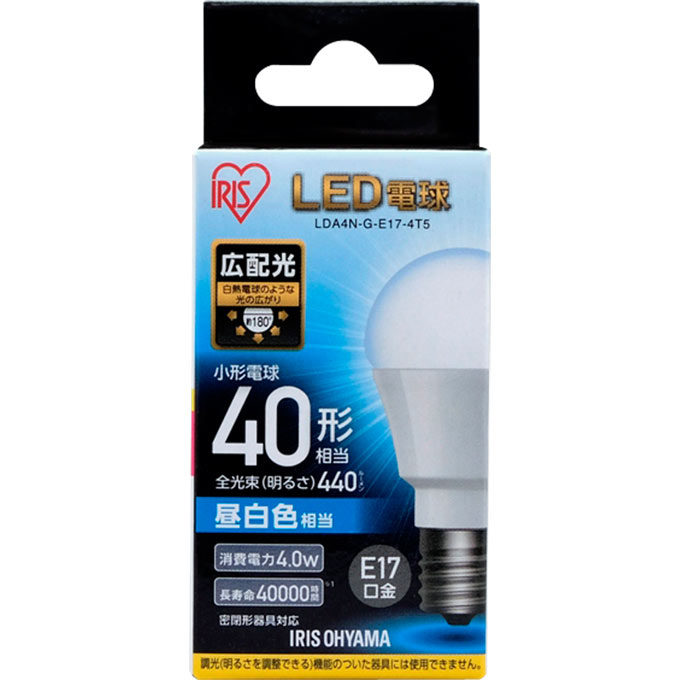 ＬＥＤ電球 Ｅ１７ 広配光 ４０形相当 昼白色 ＬＤＡ４ＮＧＥ１７４Ｔ５ アイリスオーヤマ